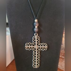 MADE IN CANADA Intricate Steel Cross Pendant Necklace with Black Cord